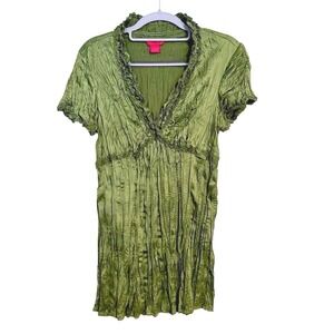 Sunny Leigh Green Crinkle Textured V‎ Neck Short Sleeve Top Women M